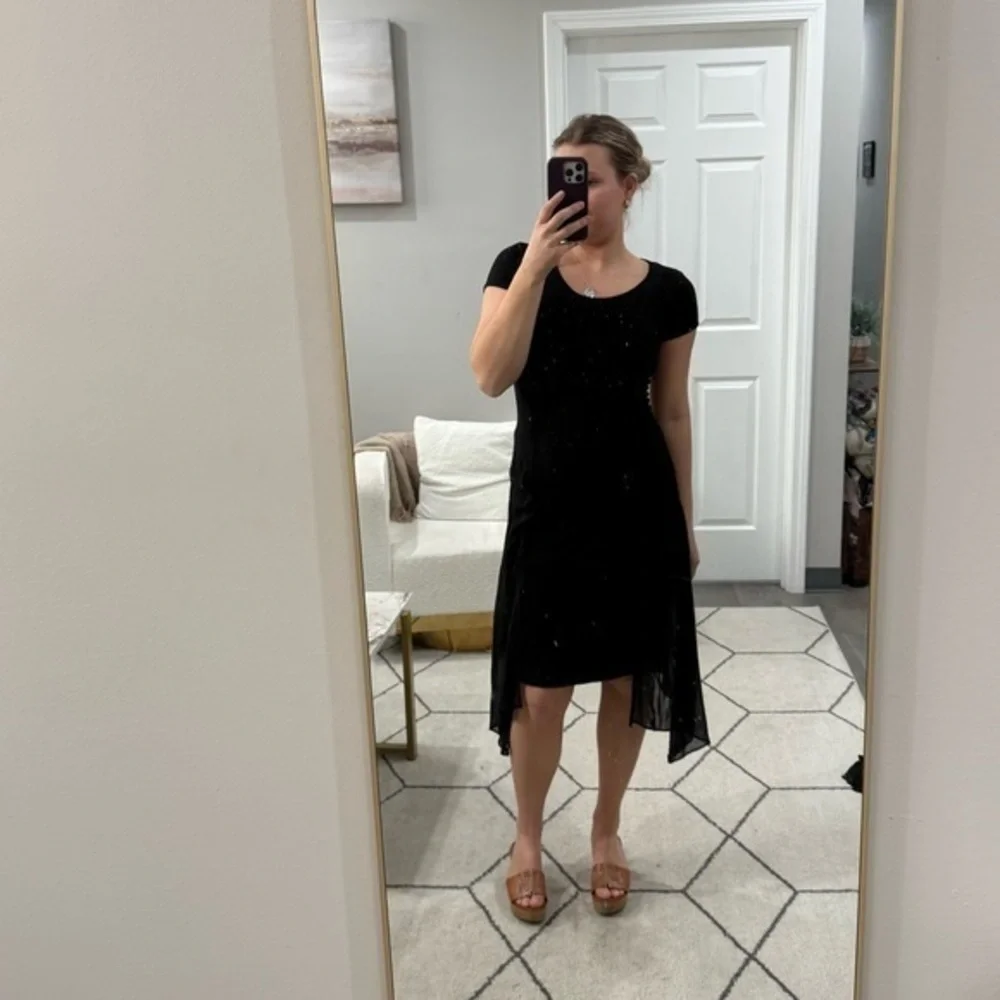 Peruvian Connection Dress Midi Bodycon Short Sleeve Mesh Overlay in Black